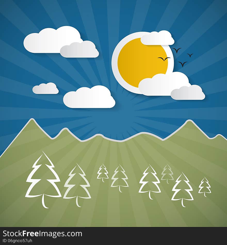 Vector Background with Paper Sky, Sun, Hills, Trees