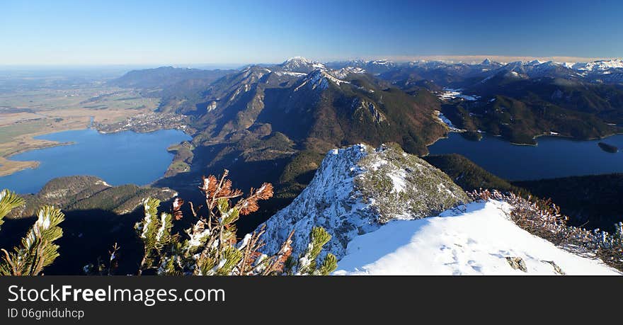 Two Bavarian lakes can be seen from Mount Herzogstand. Lake Kochel is on the left and Lake Walchen on the right. Two Bavarian lakes can be seen from Mount Herzogstand. Lake Kochel is on the left and Lake Walchen on the right.