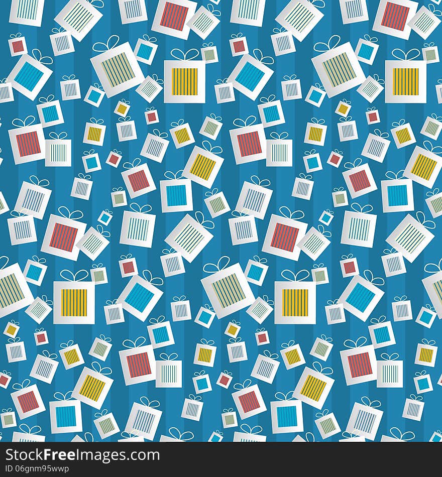 Seamless Pattern. Paper Present Boxes On Blue Background