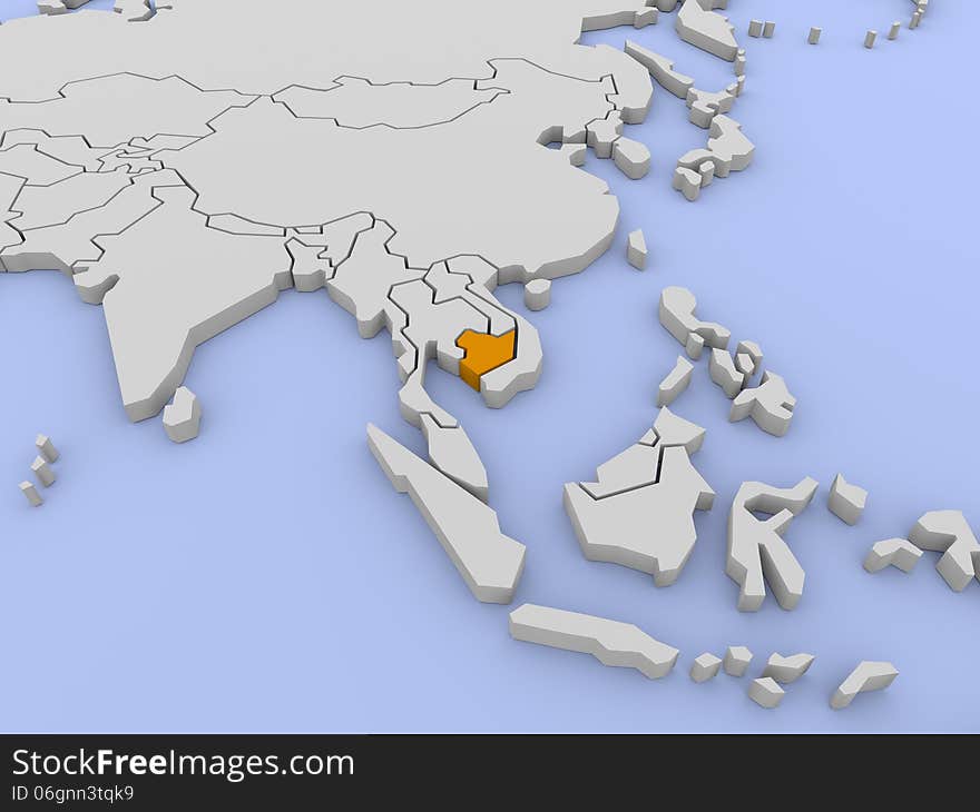 Rendered map of Cambodia in 3D. Rendered map of Cambodia in 3D