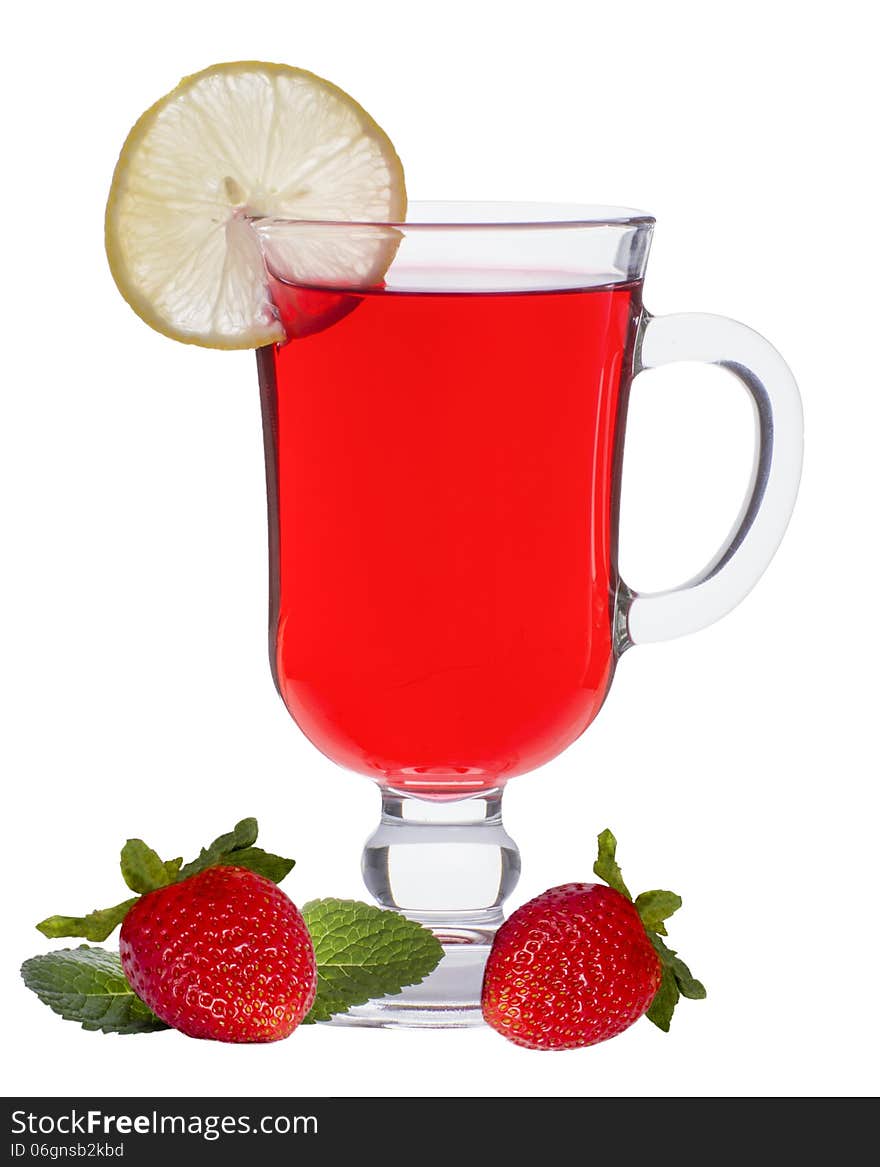 Cup of strawberry tea with mint and a lemon on a white background