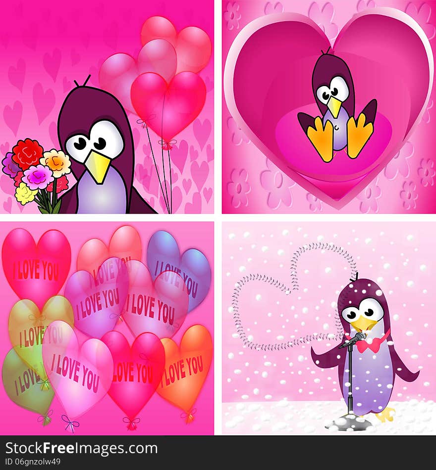 Love themed penguin illustration set. Love themed penguin illustration set