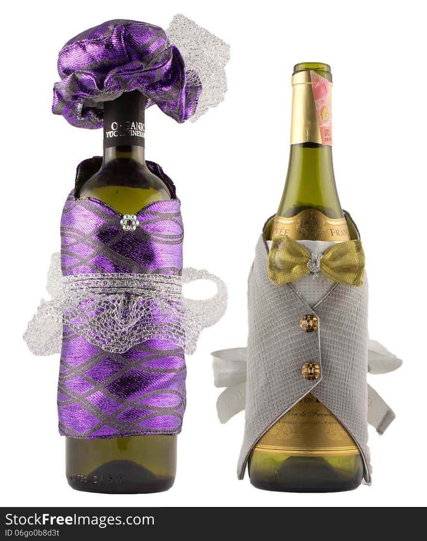 Dressed up wine bottles couple. Dressed up wine bottles couple