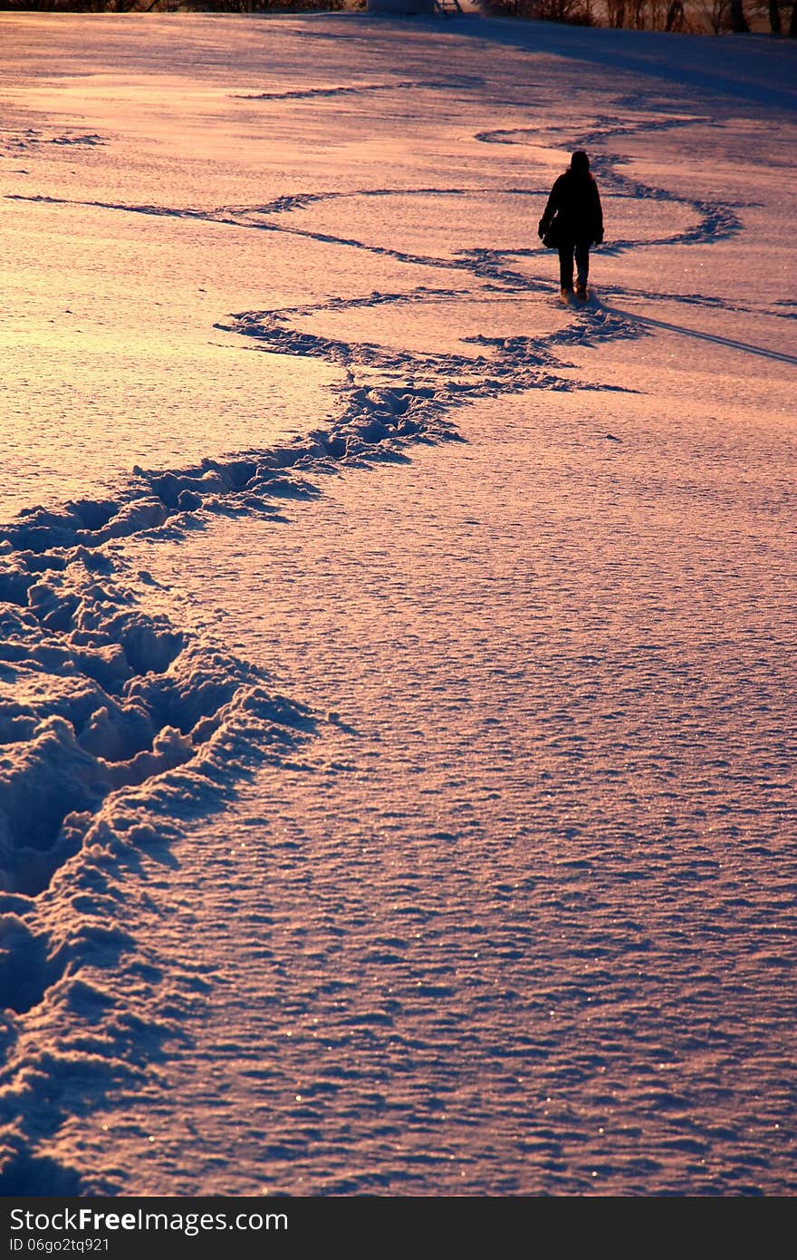 The beaten path on snow plain. The beaten path on snow plain