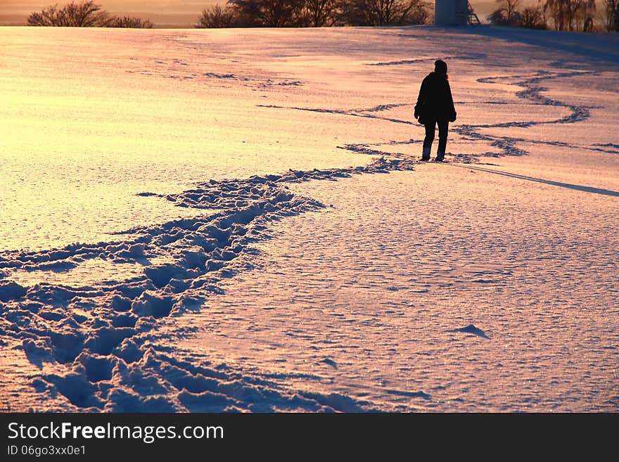 The beaten path on snow plain. The beaten path on snow plain