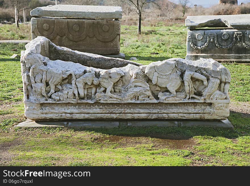 Ancient sarcophagus in an old town of Ephesus, Turkey