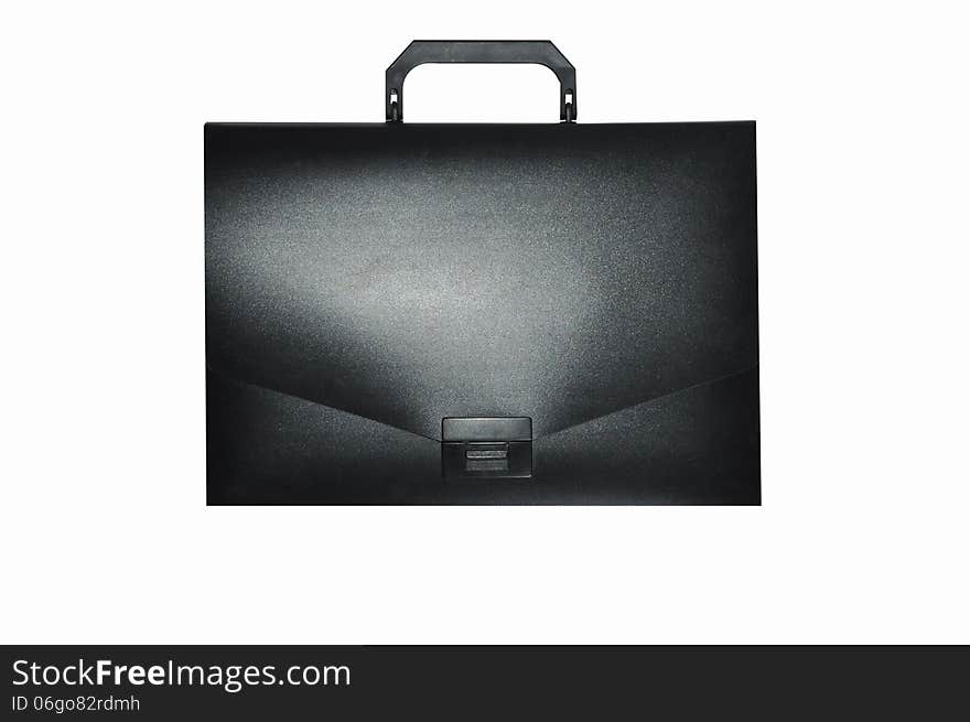 Plastic black suitcase on white background.