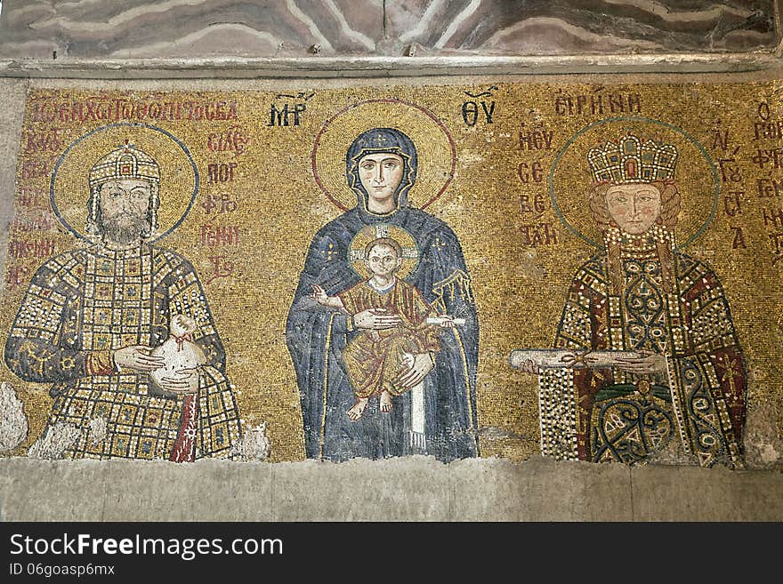 Mosaic of empress Zoe and Constantine IX Monomakhos in Hagia Sofia, Istanbul. Mosaic of empress Zoe and Constantine IX Monomakhos in Hagia Sofia, Istanbul