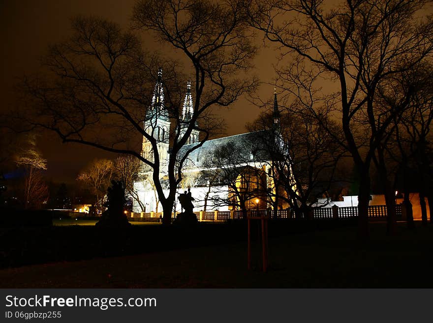 Evening picture of basilica of st peter and st paul situated at vysehrad hill in prague, czech republic