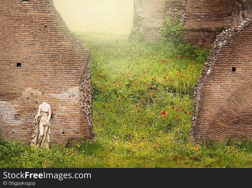 Antique woman sculpture against backdrop of ruins Rome