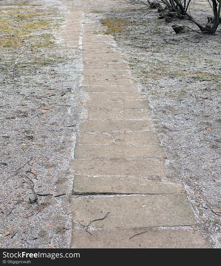 Landscape with the path which laid out by concrete plates and has been strewn lightly with easy snow in the gardens. Landscape with the path which laid out by concrete plates and has been strewn lightly with easy snow in the gardens.