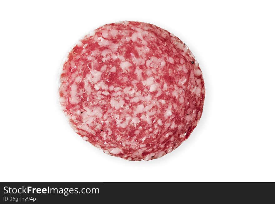 Slice of salami sausage, a piece of sausage