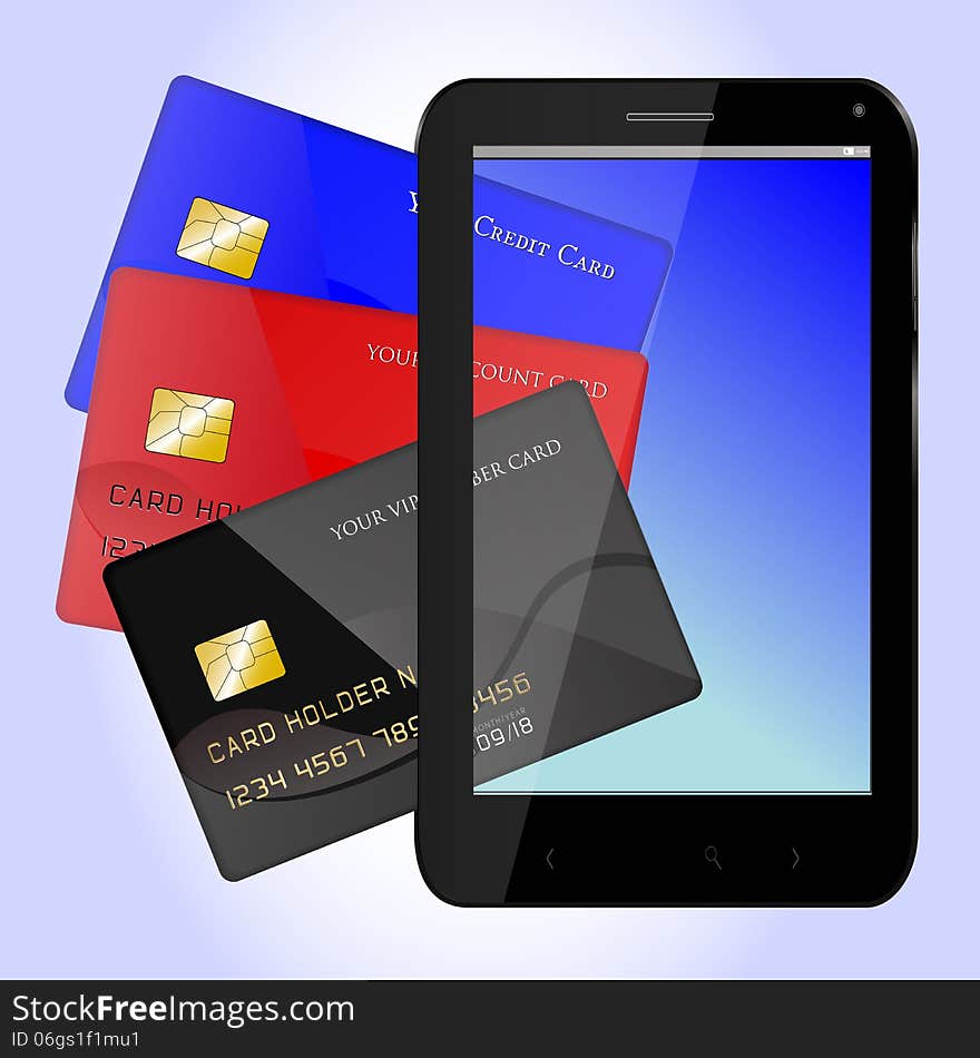 Cards over Smartphone at blue background