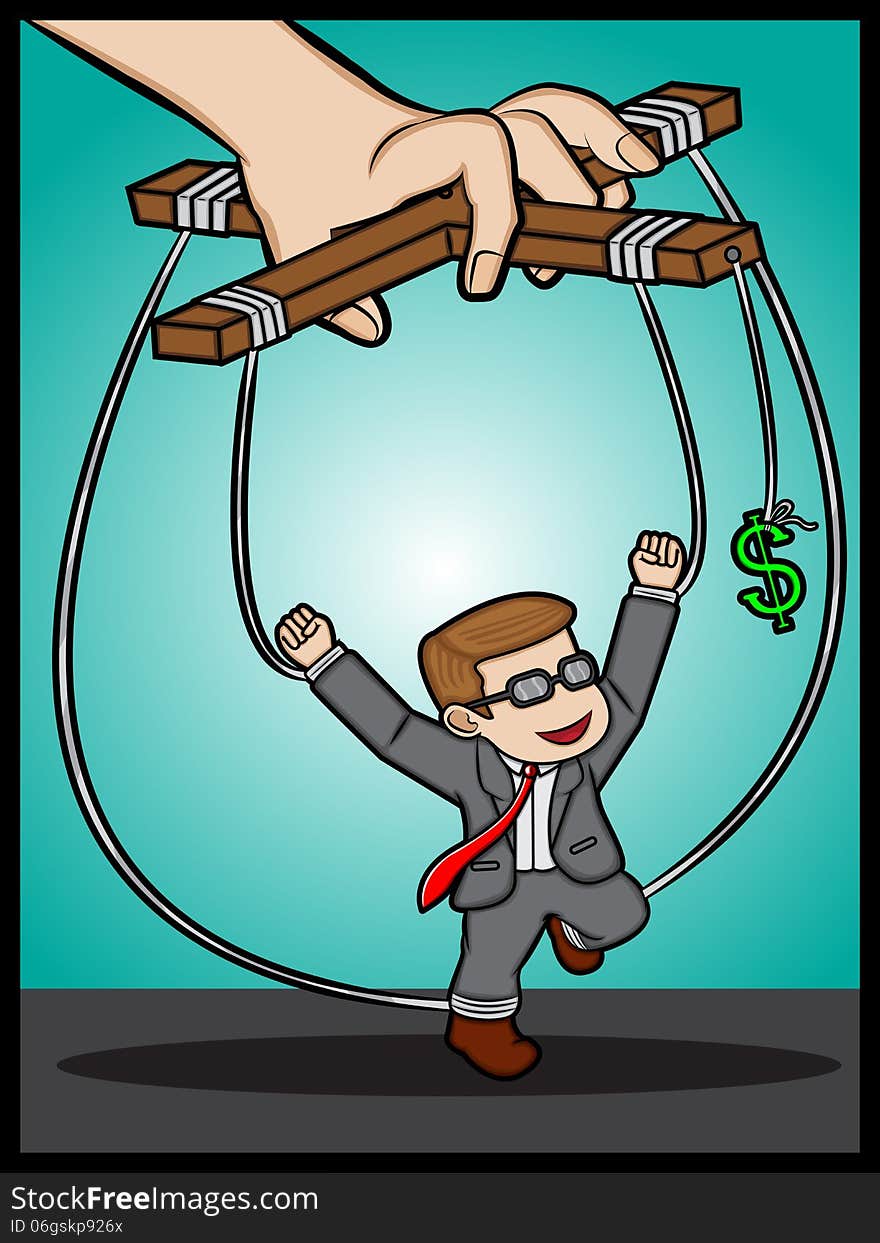 An illustration of a businessman under money control. An illustration of a businessman under money control