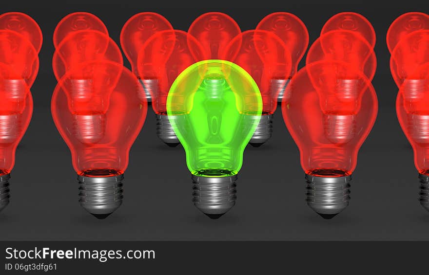 One Green Light Bulb Among Many Red Ones