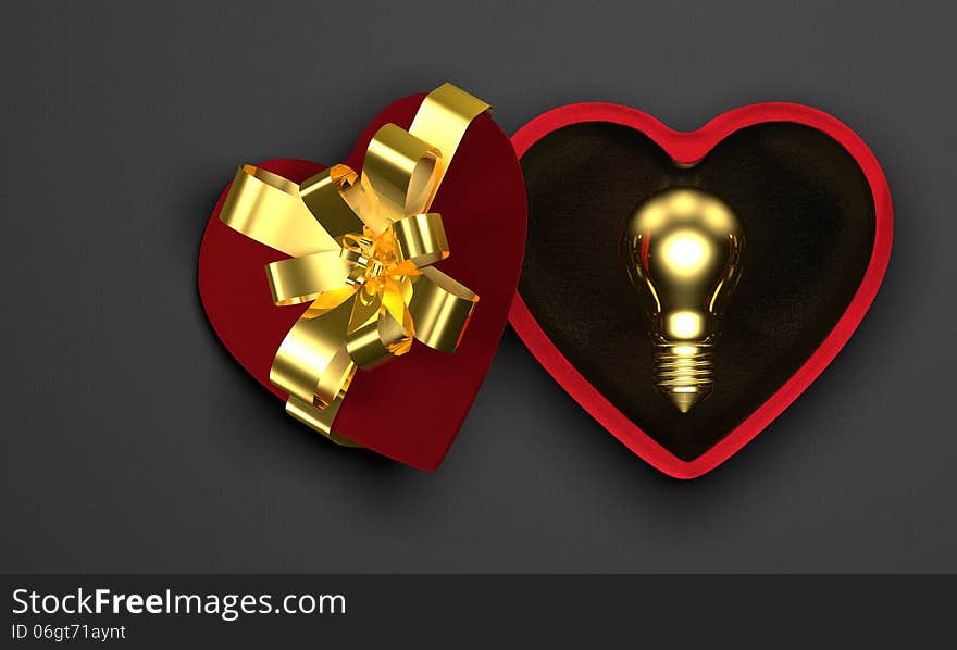 Golden light bulb in heart-shaped box