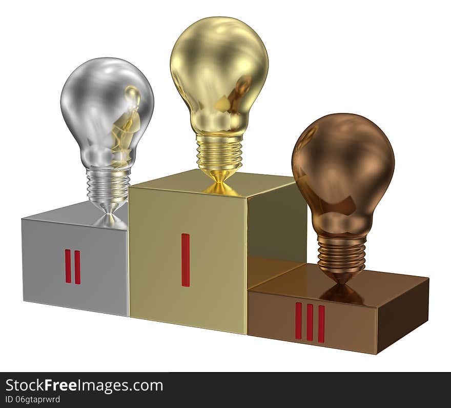 Golden, silver and bronze light bulbs on metallic pedestal. Idea, brainstorming, innovation concept