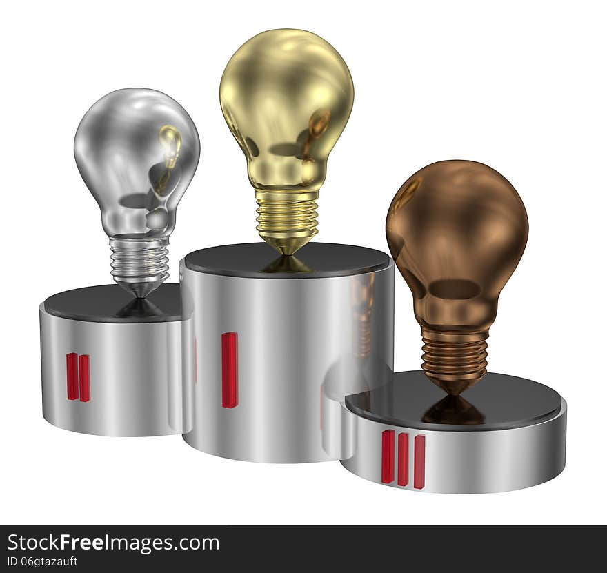 Golden, silver and bronze light bulbs on cylindrical pedestal