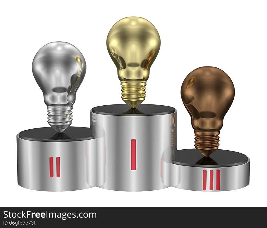 Golden, silver and bronze light bulbs on cylindrical pedestal. Front view