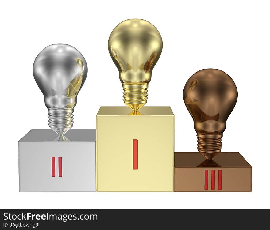 Golden, Silver And Bronze Light Bulbs On Metallic Pedestal. Front View