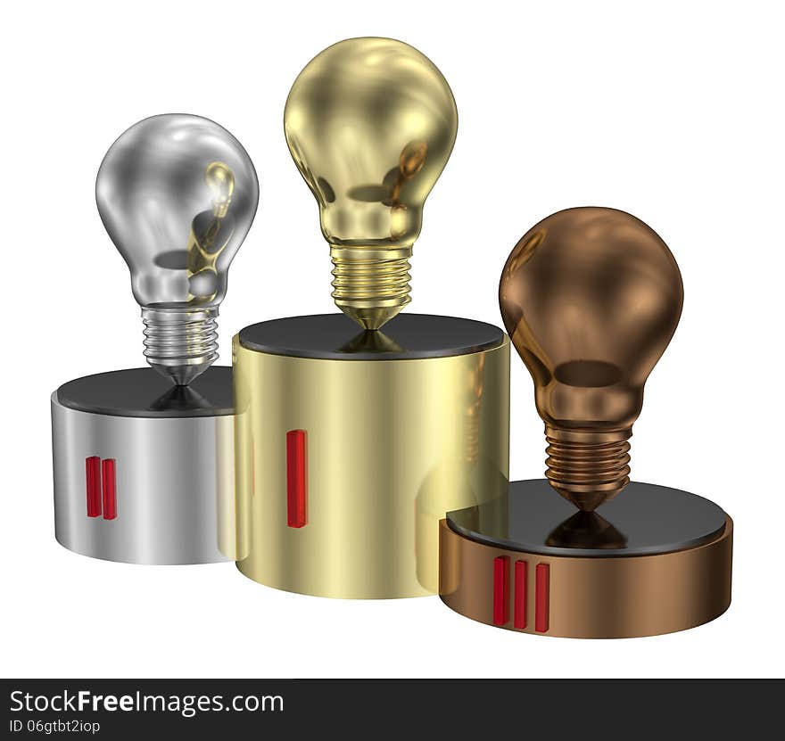 Golden, Silver And Bronze Light Bulbs On Cylindrical Pedestal Of Same Metals