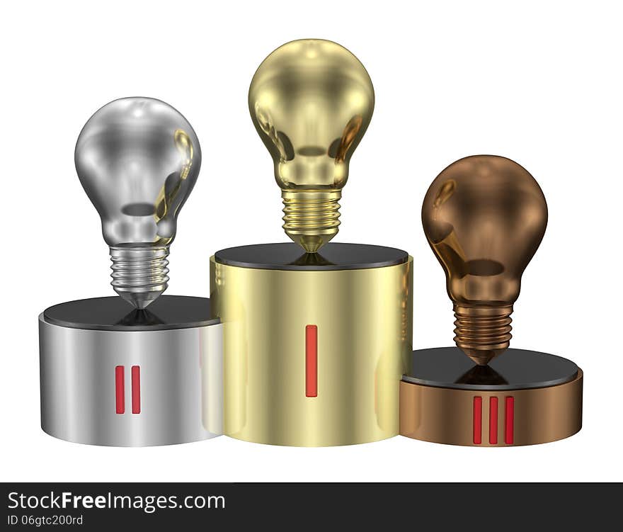 Golden, silver and bronze light bulbs on cylindrical pedestal of same metals. Front view