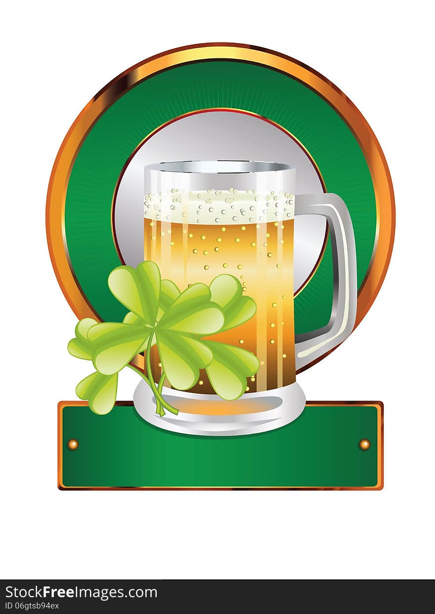 Glass of beer and clover leaves on white background.