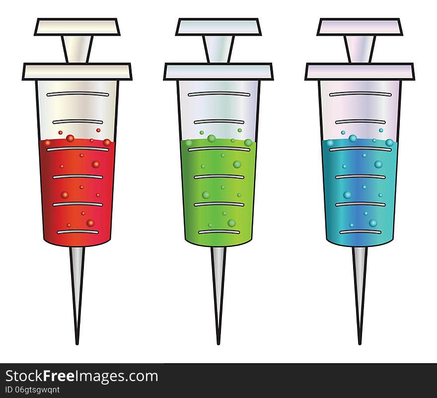 Set of cartoon syringes with red, green and blue liquid inside. Set of cartoon syringes with red, green and blue liquid inside.