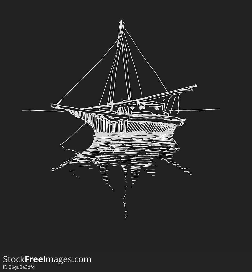 Hand drawn boat. landscape. Vector eps8