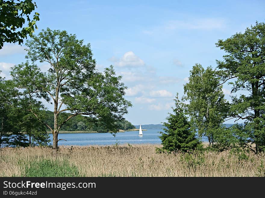 Landscape with trees and yacht on lake Chimsee, Deutchland