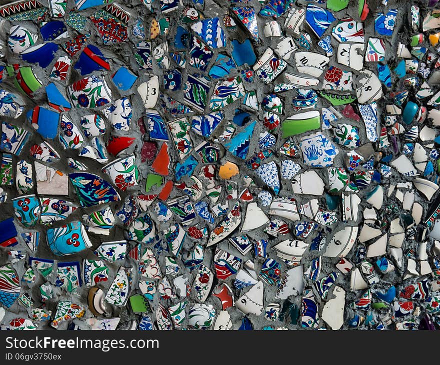 A wall decorated with pieces of Iznik potterry, Istanbul, Turkey. A wall decorated with pieces of Iznik potterry, Istanbul, Turkey