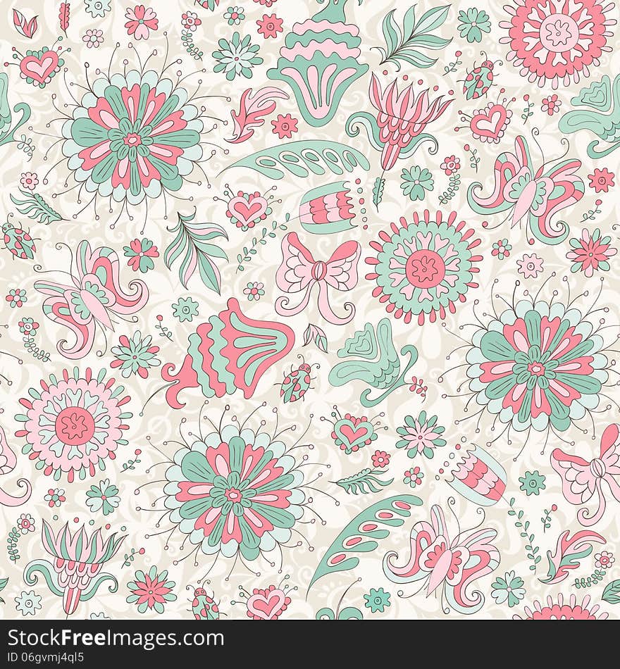 Seamless pink summer pattern with flowers