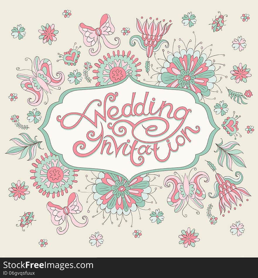 Pink Wedding Invitation With Flowers