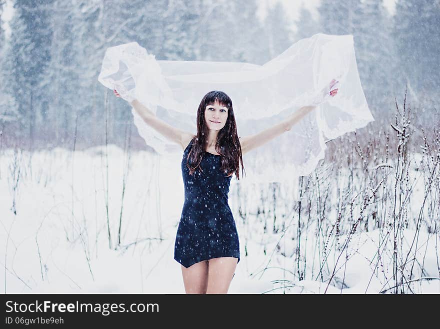 Beautiful Bride Under Veil On White Snow Background