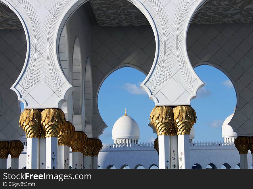 Curved pillars of Grand Mosque, also known as Sheikh Zayed Mosque, located in Abu Dhabi. Curved pillars of Grand Mosque, also known as Sheikh Zayed Mosque, located in Abu Dhabi.