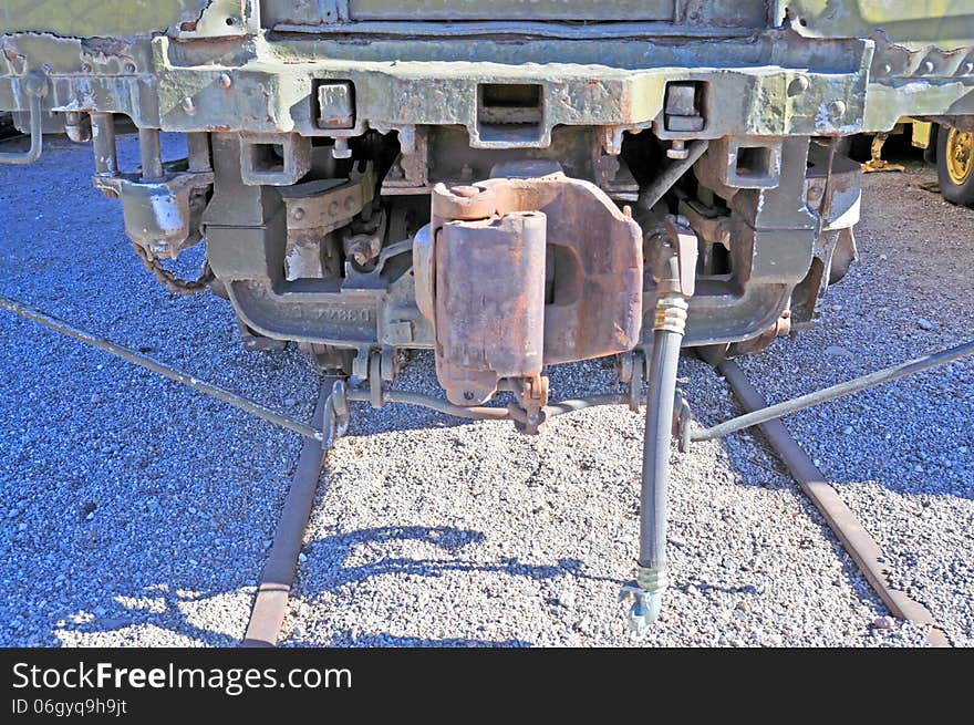 This aligned coupling was used on a vintage railroad passenger car from the World War II era or possibly older. This type of coupling must align with the coupling on the next car or locomotive.