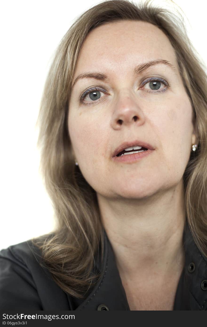 Blonde Woman with Beautiful Blue Eyes on White Background