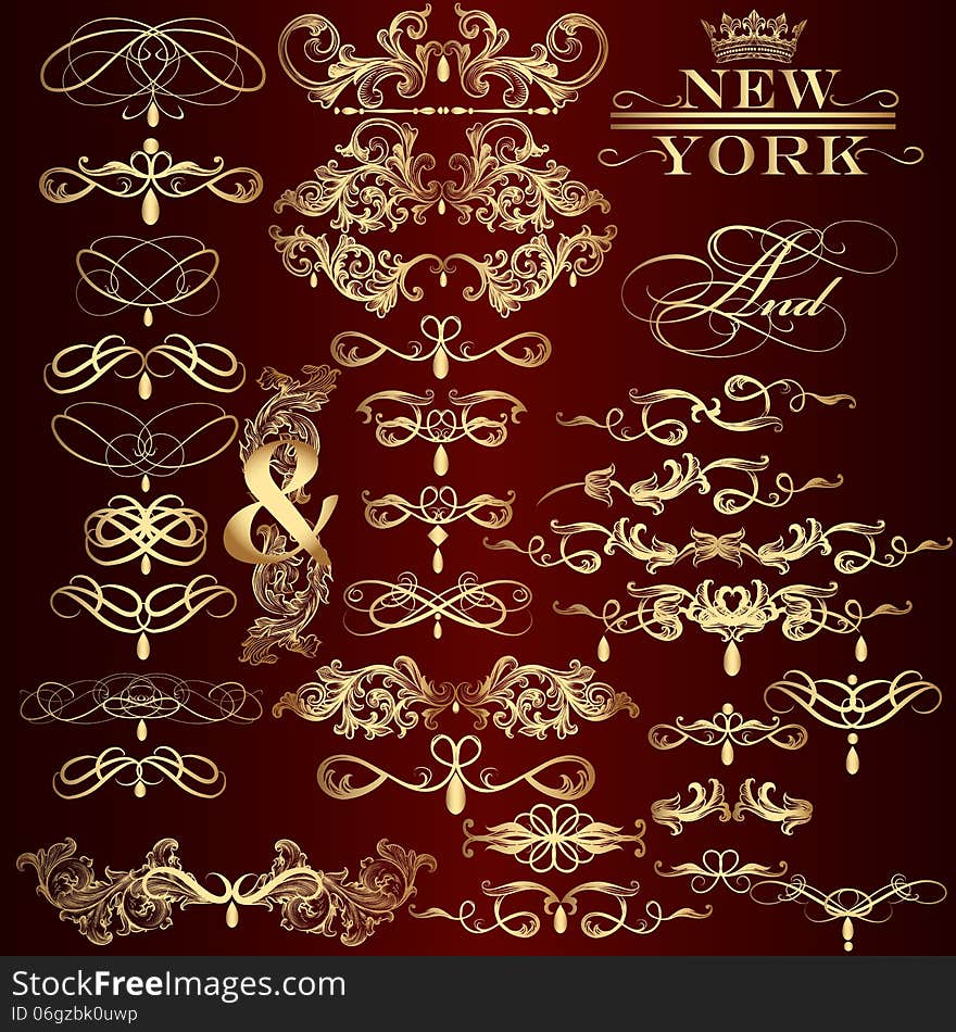 Collection of vector golden decorative calligraphic elements for