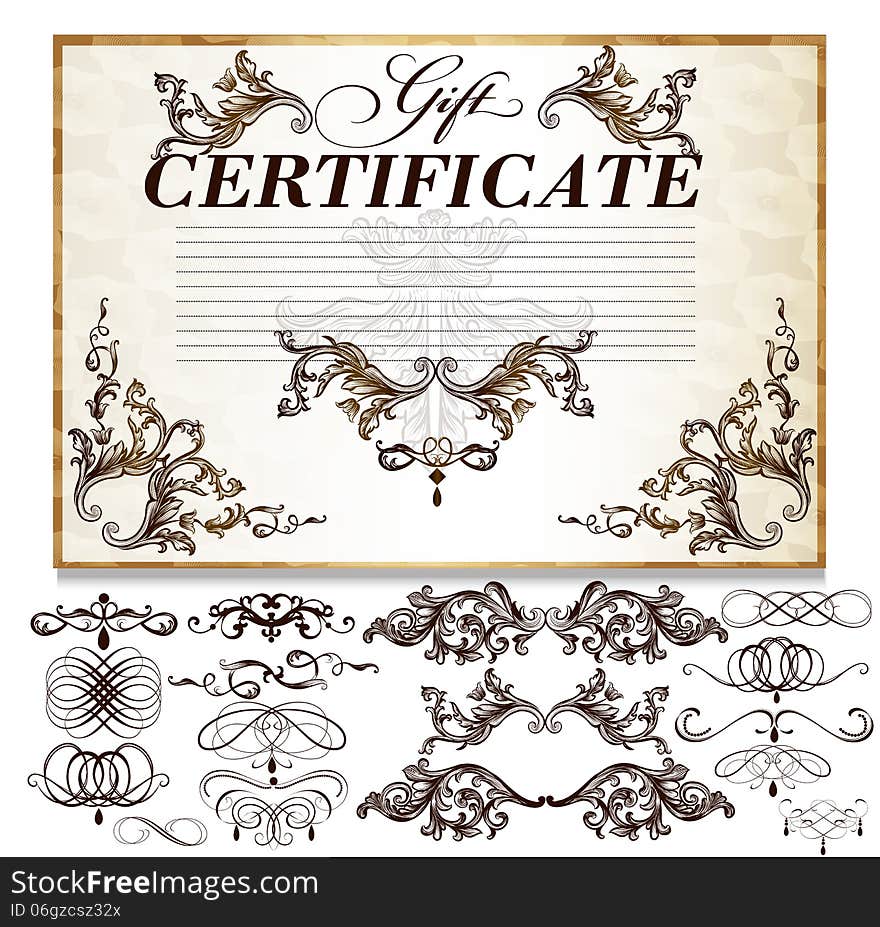 Gift certificate set  with decorative calligraphic elements for