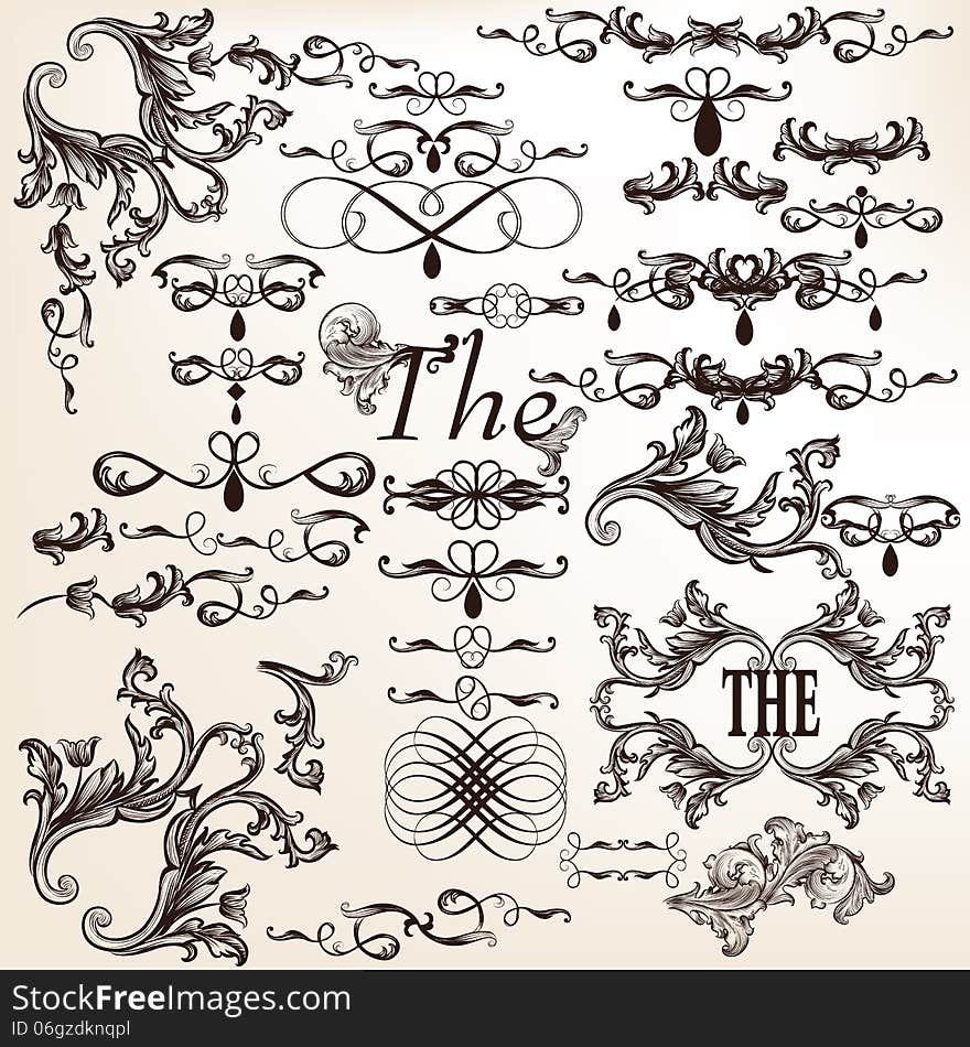 Vector Set Of Decorative Calligraphic Elements In Vintage Style