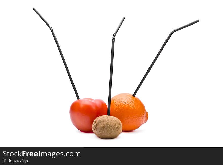 Natural juice mixture with straws