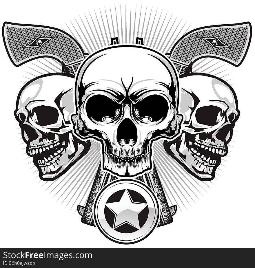 Skulls and guns with star badge. Skulls and guns with star badge