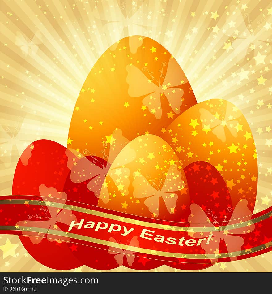 Easter greeting gold card with Easter eggs and ribbon and rays (vector eps 10)