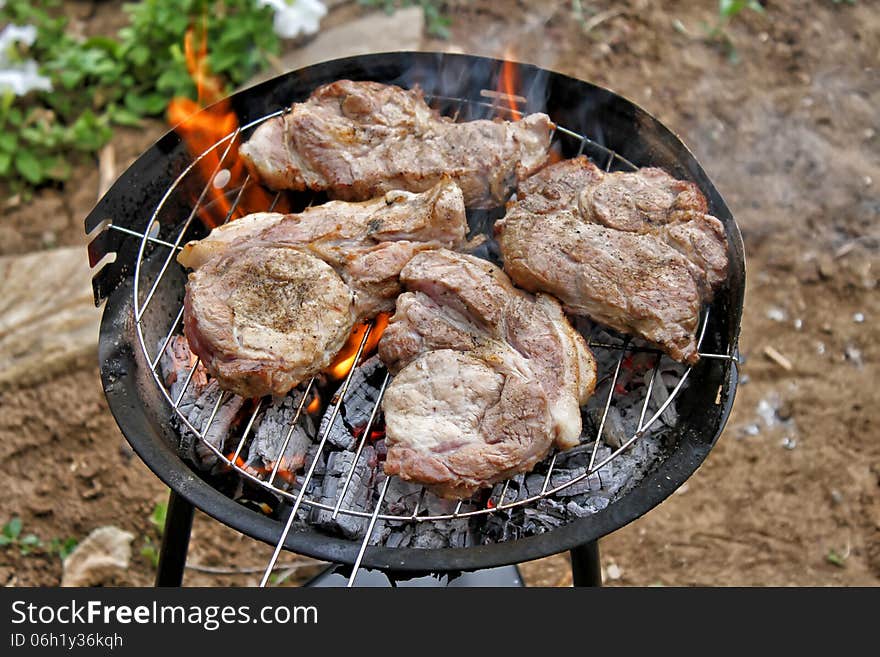 Pieces of juicy fresh meat fried on grill