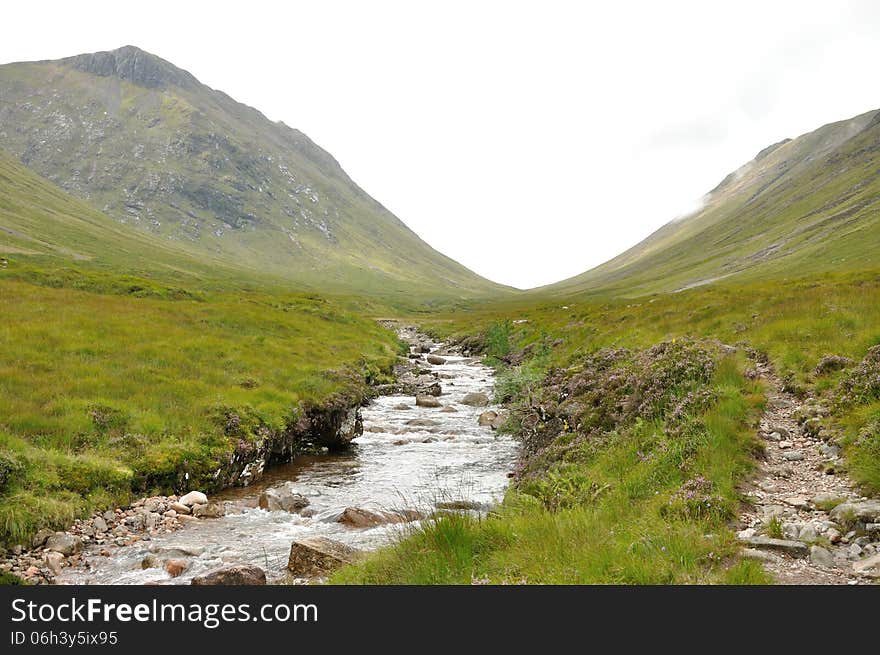 Glencoe valley, river and path. Glencoe valley, river and path