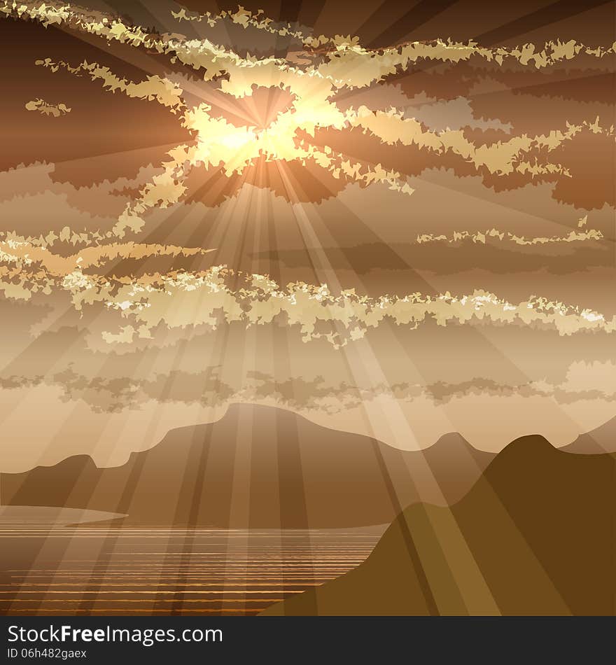 Illustration with sunset in the gulf drawn in realistic style. Illustration with sunset in the gulf drawn in realistic style