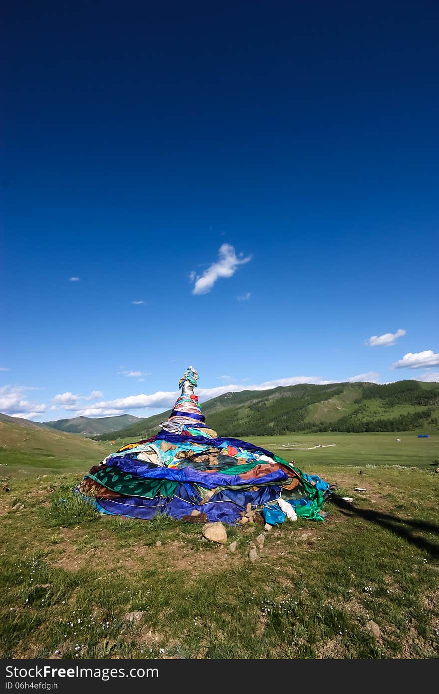 A shamanistic shrine, used for mountain and sky worshipping in Mongolia. A shamanistic shrine, used for mountain and sky worshipping in Mongolia.