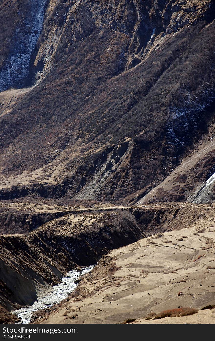 The channel of the river in the mountains of Nepal