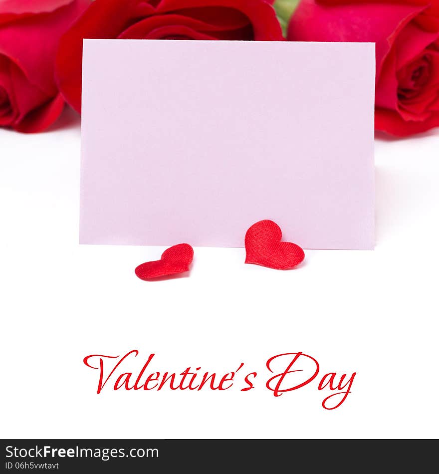 Pink card for greetings, hearts and roses, isolated on white