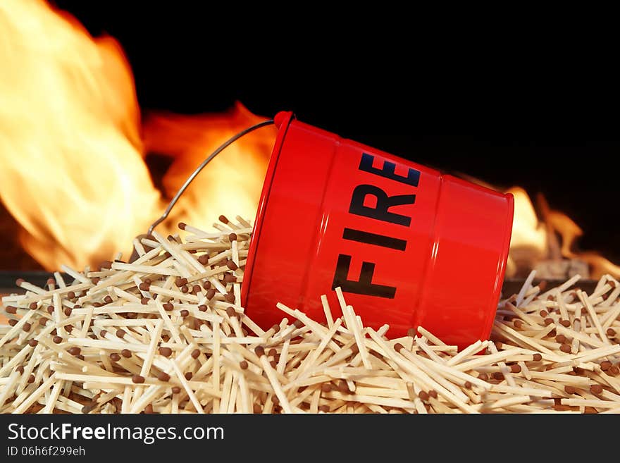 Fire bucket, matches and Flames